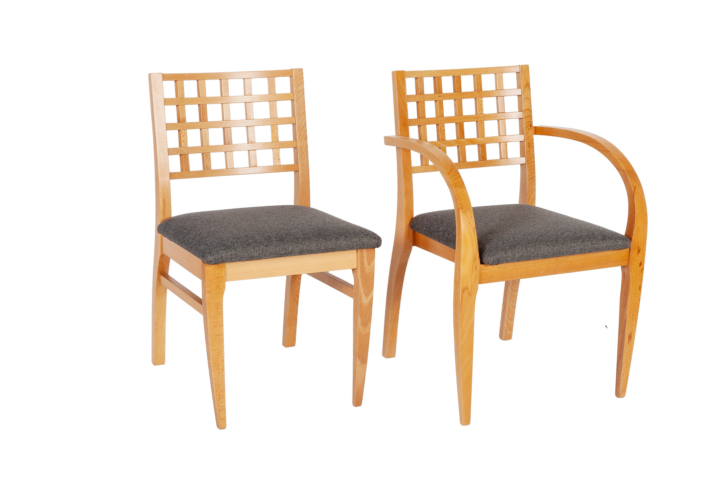 Stuhl 'Der Zweiteiler', 1x mit und 1x ohne Lehne, aus Massivholz Buche, gepolstert, Stoff Grau, 2er Set