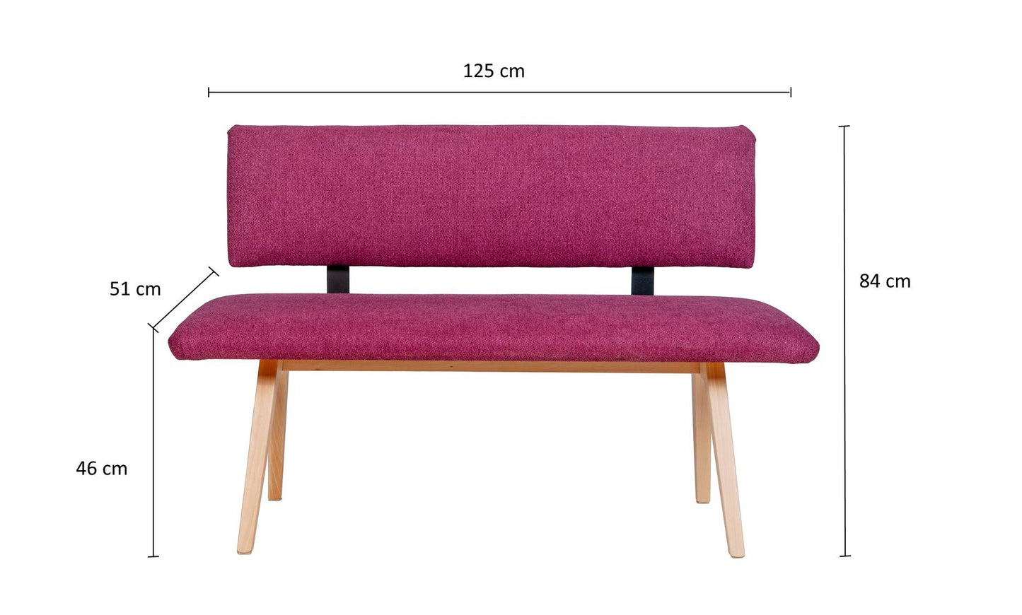 Sitzbank 'Die Natürliche', 125 cm mit Lehne, Stoff Bordeaux