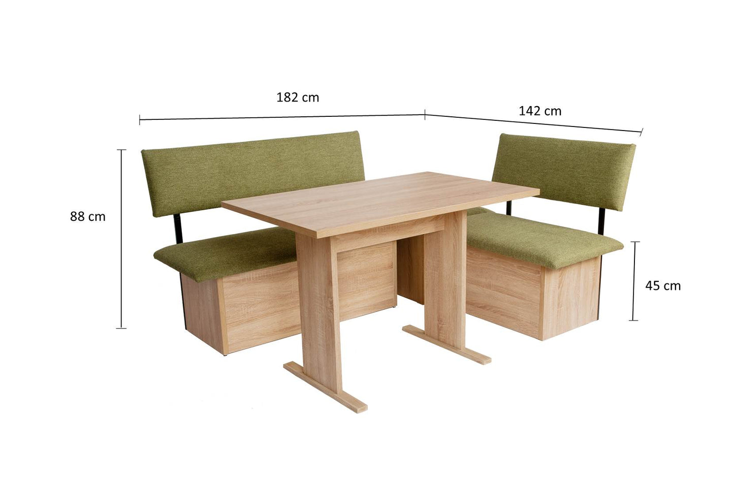 Eckbank 'Das Raumwunder' mit Truhe, Sitzbank mit Lehne, Eckbank, Truhenbank, Esstisch mit Säulen, Set 4-tlg., Stoff Grün