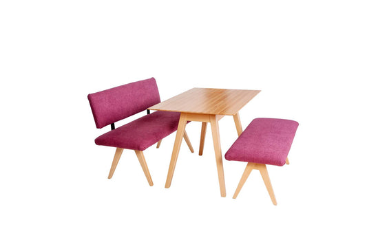 Essgruppe 'Die Natürliche', Sitzbank mit Lehne, Küchenbank, Esstisch Echtholz Buche, Set 3-tlg., Stoff Bordeaux