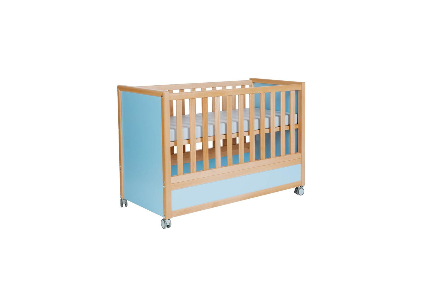 Babybett, Massivholz Buche, MDF, mit Rollen, Blau Pastell