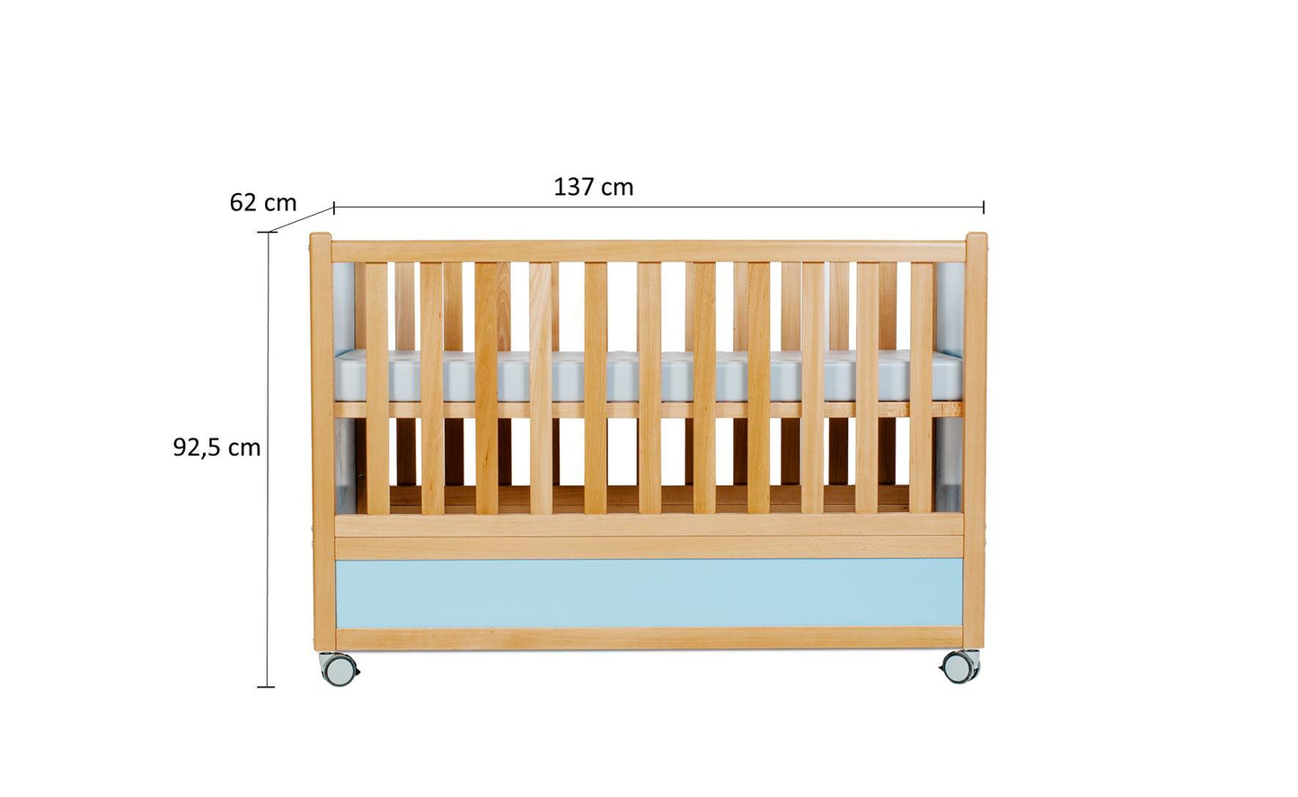 Babybett, Massivholz Buche, MDF, mit Rollen, Blau Pastell