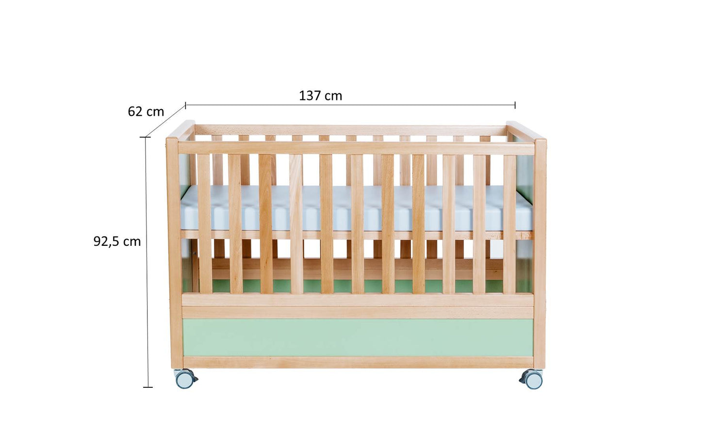 Babybett, Massivholz Buche, MDF, mit Rollen, Matcha Grün