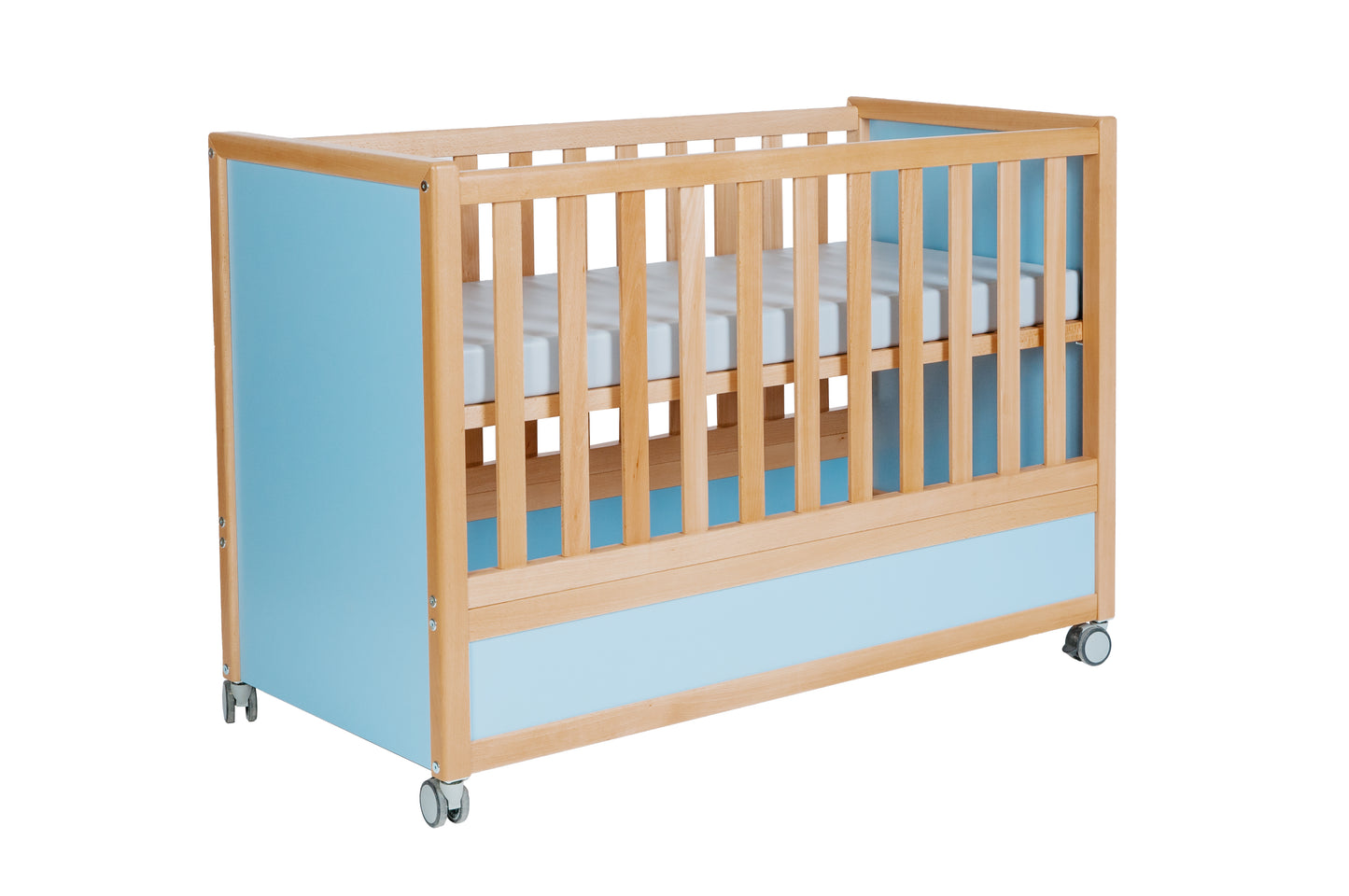 Babybett, Massivholz Buche, MDF, mit Rollen, Blau Pastell