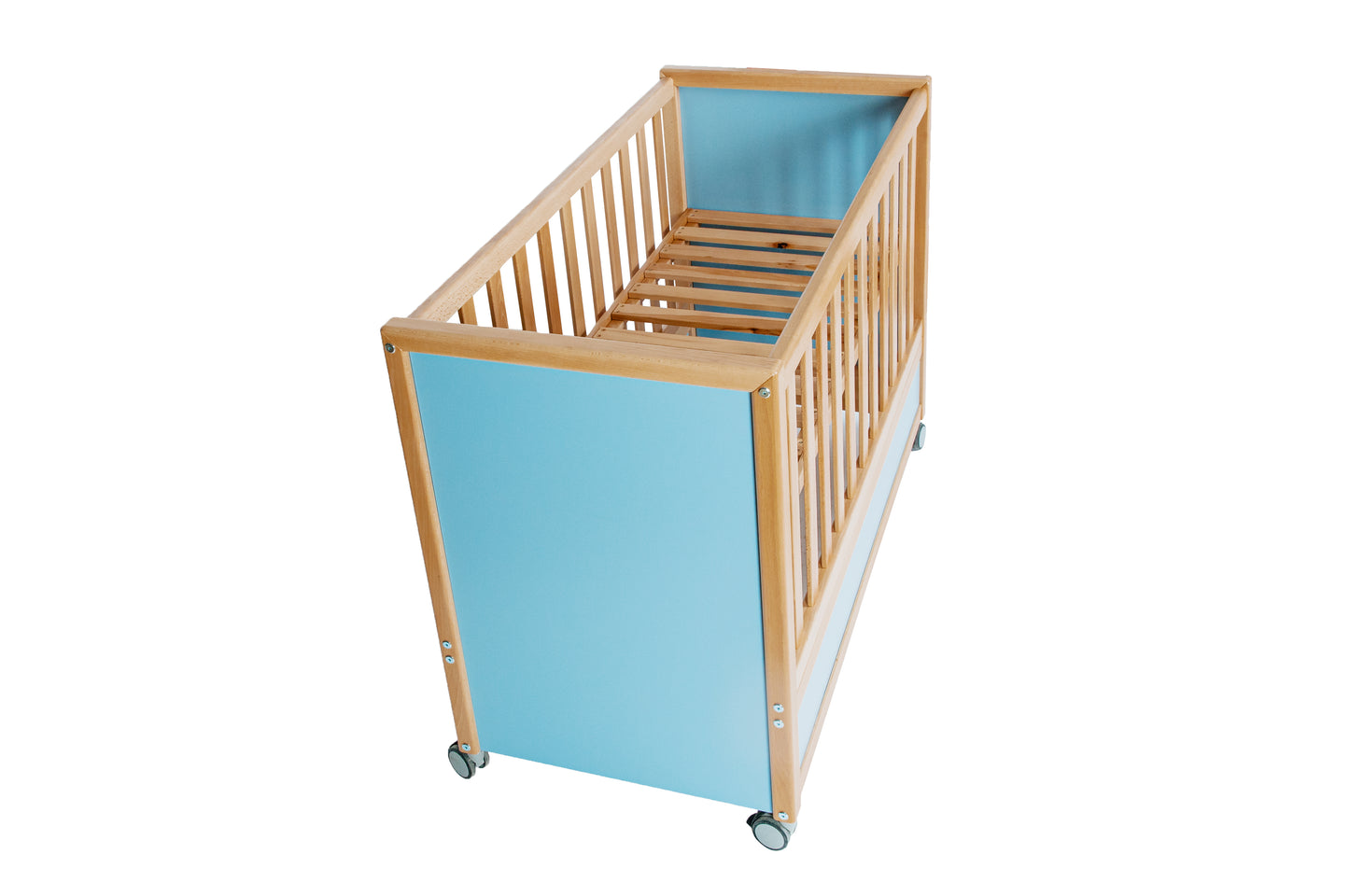 Babybett, Massivholz Buche, MDF, mit Rollen, Blau Pastell