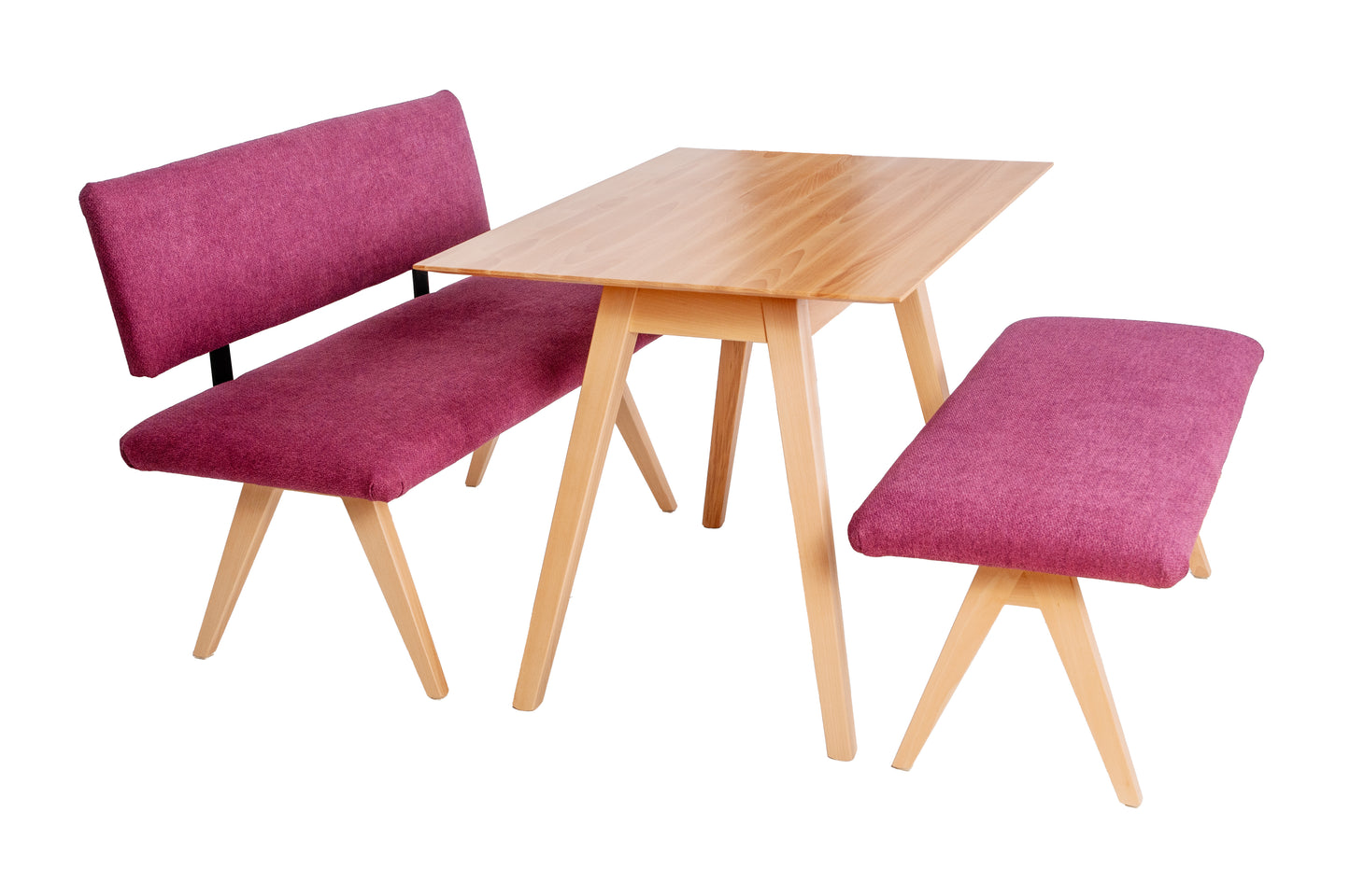 Essgruppe 'Die Natürliche', Sitzbank mit Lehne, Küchenbank, Esstisch Echtholz Buche, Set 3-tlg., Stoff Bordeaux